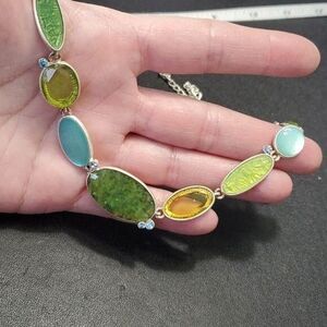 Silver Tone Necklace with Blue Rhinestones 16-18" Yellow Green Blue Glass Beads